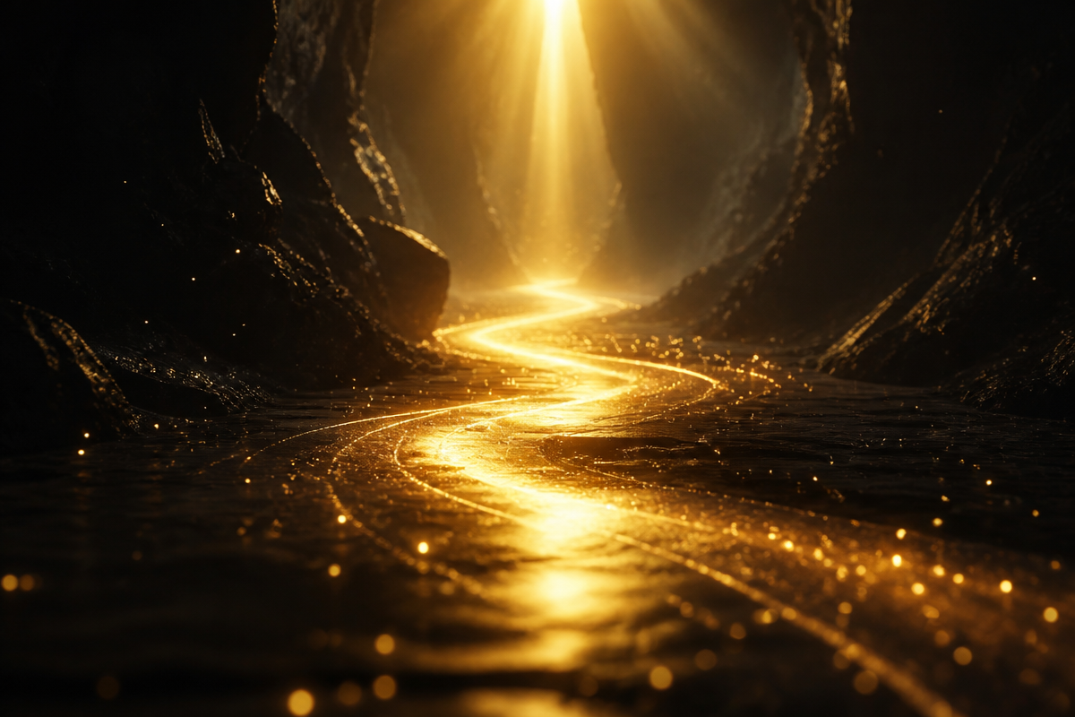 Caminho iluminado por luz dourada emergindo das sombras, simbolizando redirecionamento e direcionamento espiritual